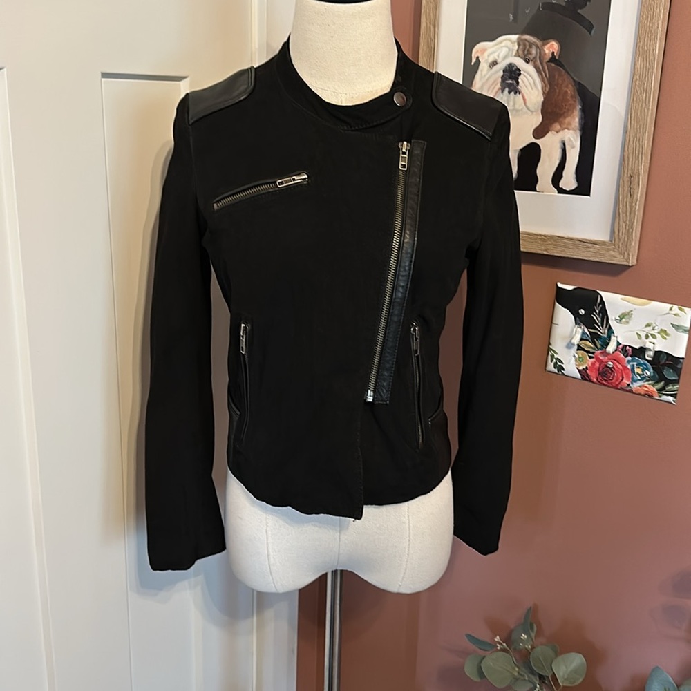 Maje Black women’s Leather Moto pockets zip up 4 lined zipper accents Jacket